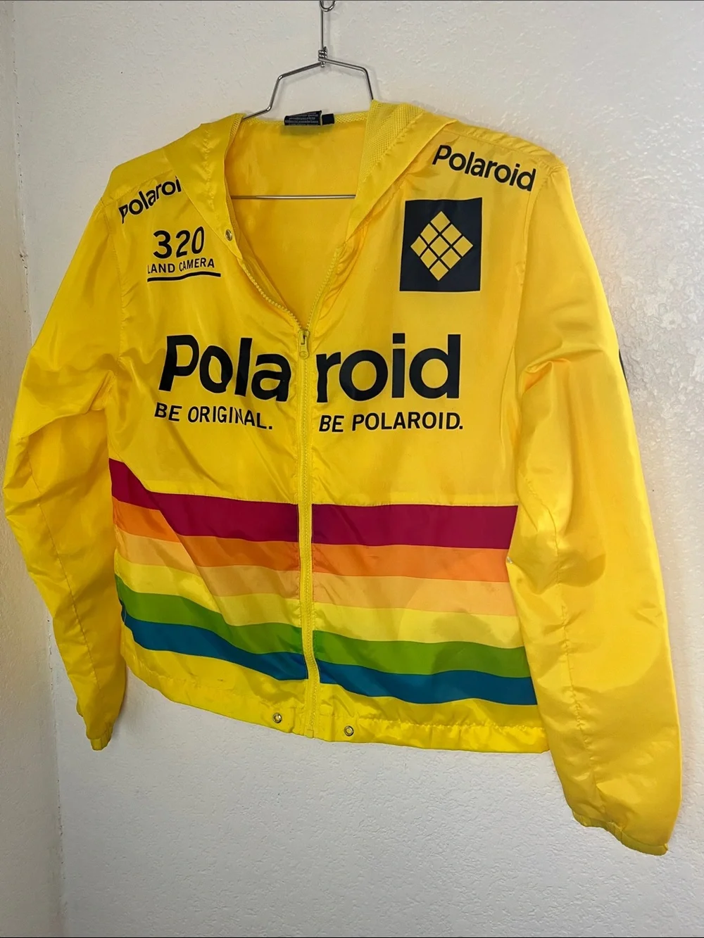 Polaroid Yellow Hooded Windbreaker with Rainbow Stripes size Large